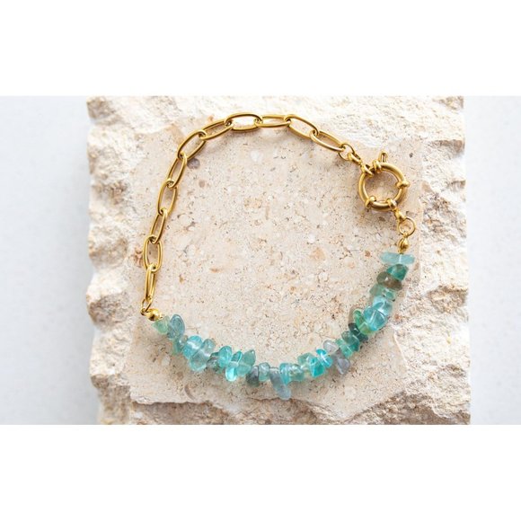 Statement Bracelet Gemstone Ocean Blue Apatite Chips Chunky Gold Chain Boho - Picture 3 of 10